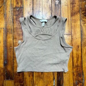 H&M Cropped Top Womens Small Beige Ribbed Cut-Out Sleeveless Pullover Preppy